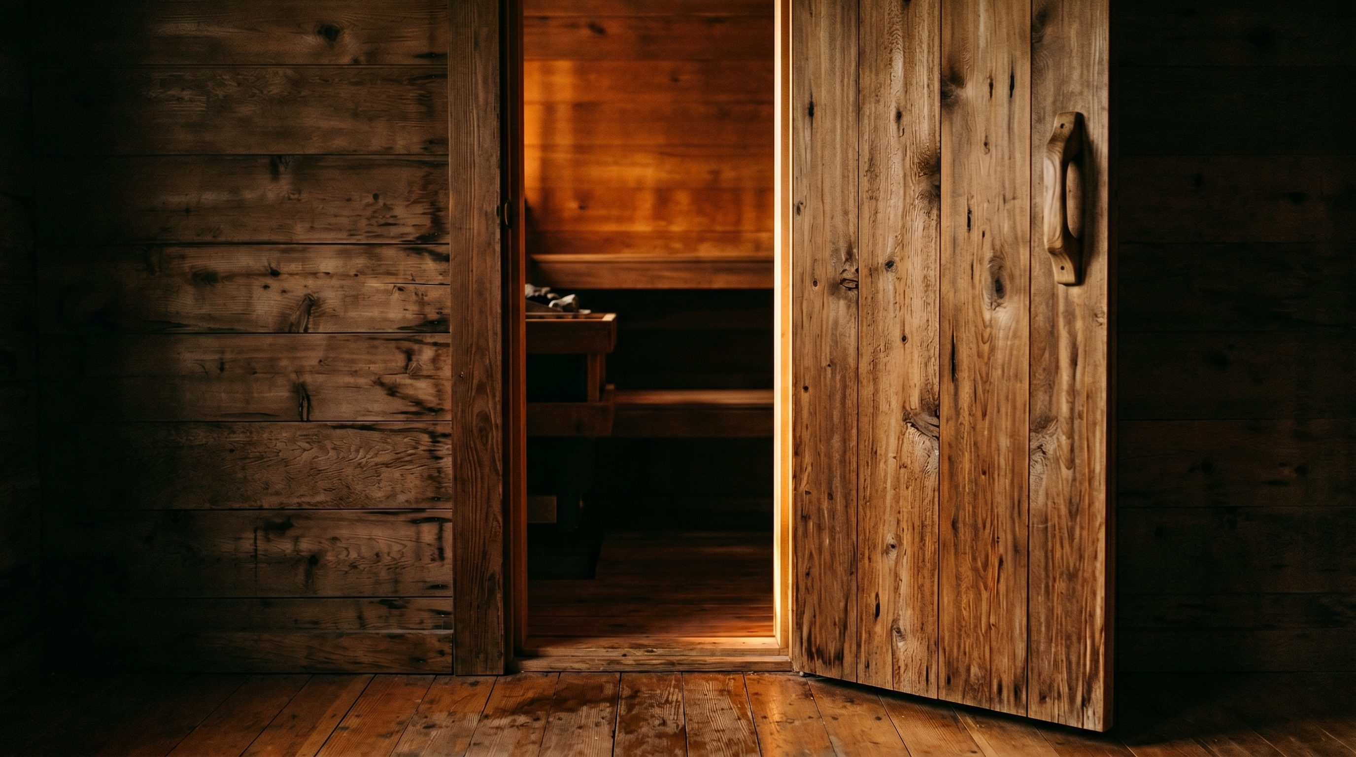 Interior of a cedar-lined sauna with warm ambient light